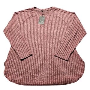 NWT Ficerd Womens 3XL Ribbed Raglan Long Sleeve Top Burgundy Marled Curved Hem